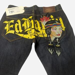 Ed Hardy Men's Dark Wash Jeans with Yellow Script and Multicolor Back Graphic